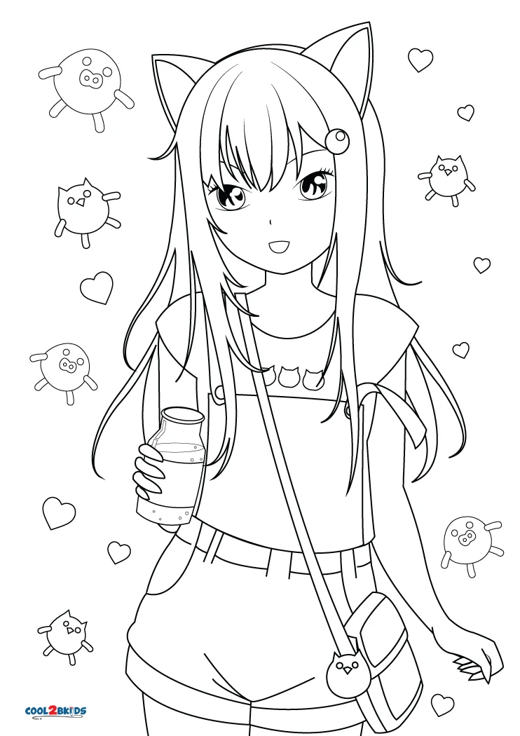 Anime Cat Girl Coloring Pages - AniYuki.com