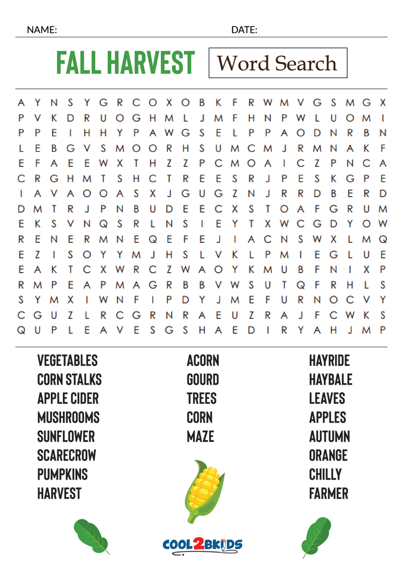 Printable Fall Word Search Activity Sheets