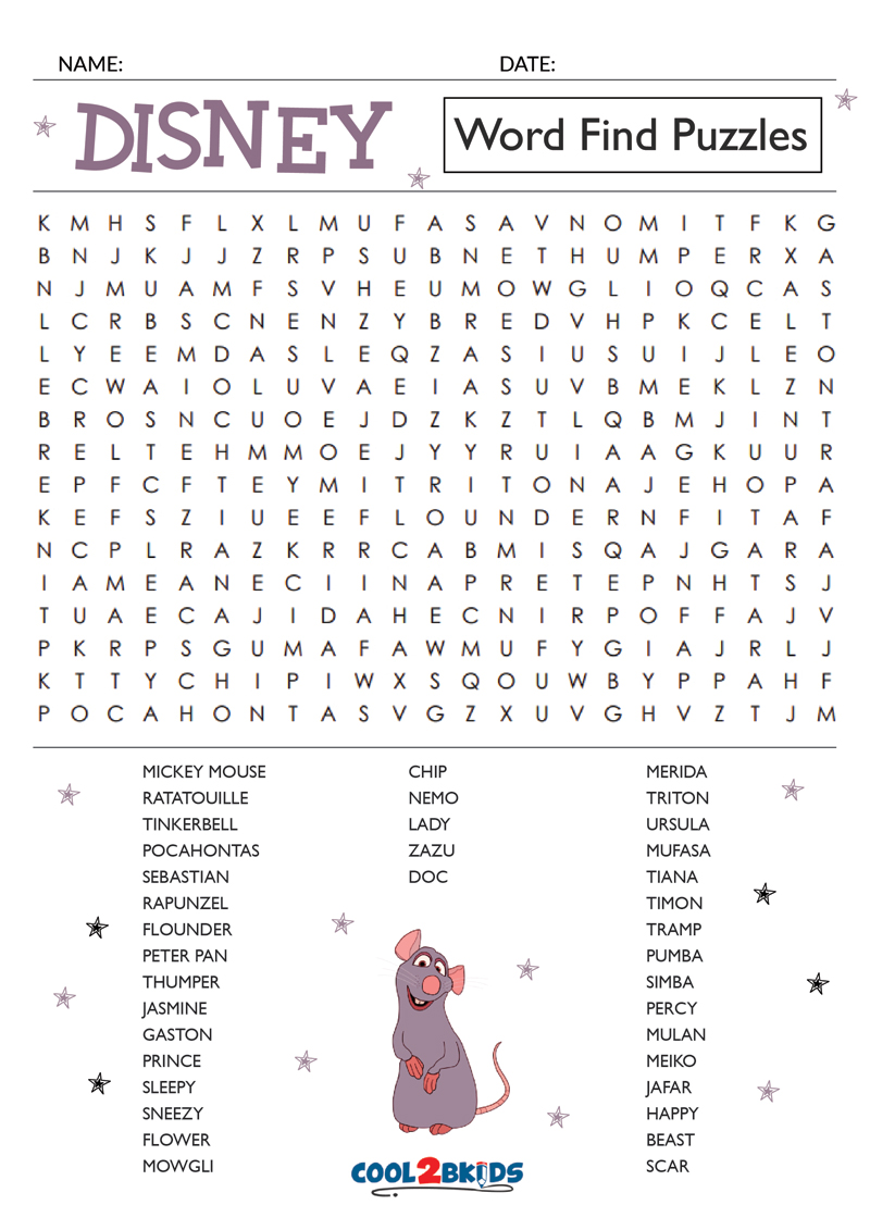 Printable Disney Word Search Cool2bkids