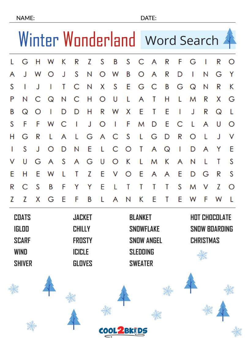 Snow Fort Word Search Puzzle Activity Page with Coloring