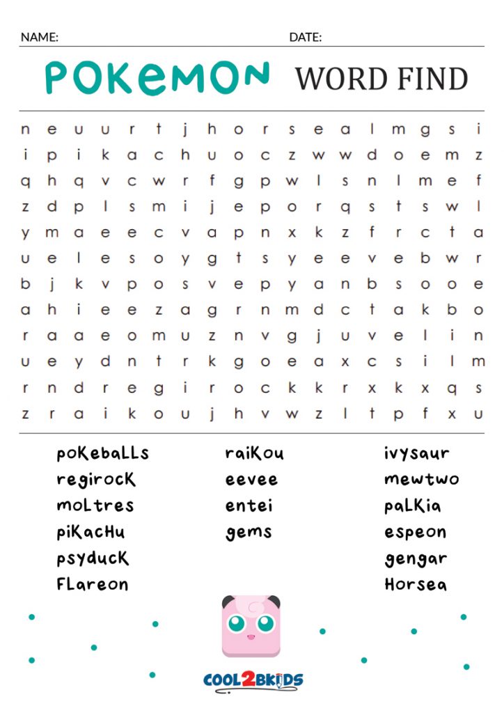 Pokemon Word Search Printable