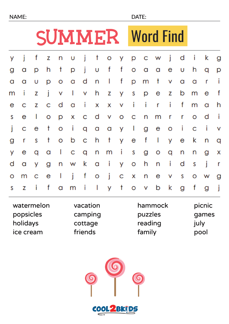 Printable Summer Word Search Cool2bkids