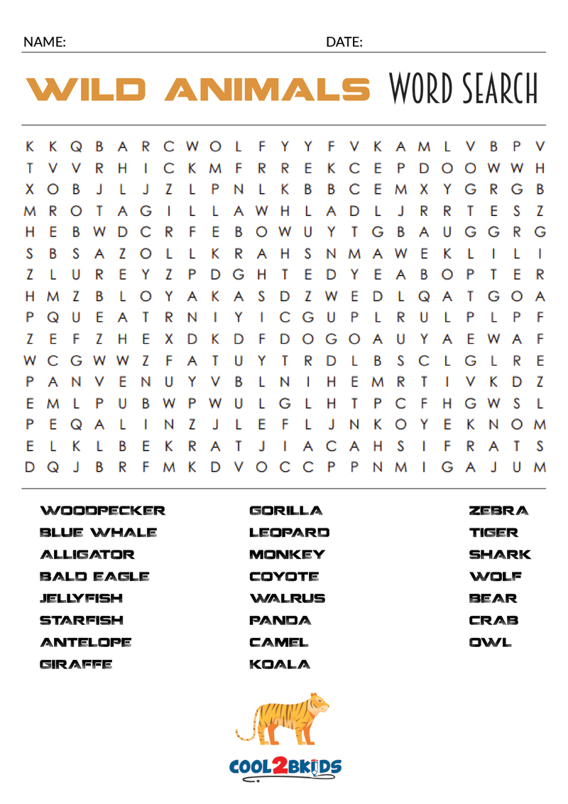 Printable Animal Word Search Kids