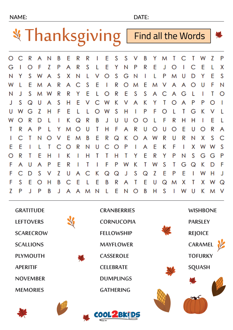 Printable Thanksgiving Word Search - Cool2bKids