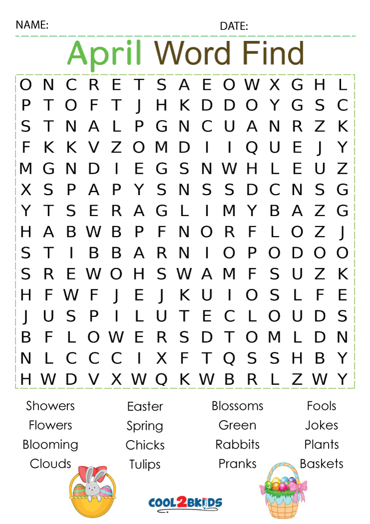 April Word Search Free Printable