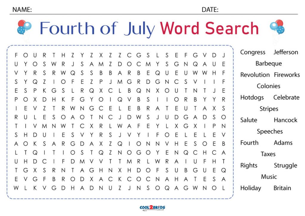 Printable 4th of July Word Search - Cool2bKids