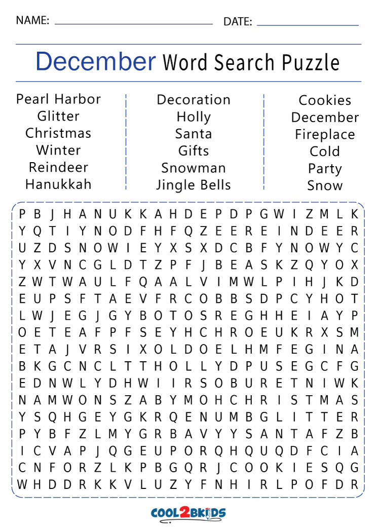 December Word Search Free Printable