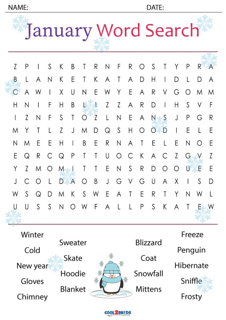 January Word Search Free Printable