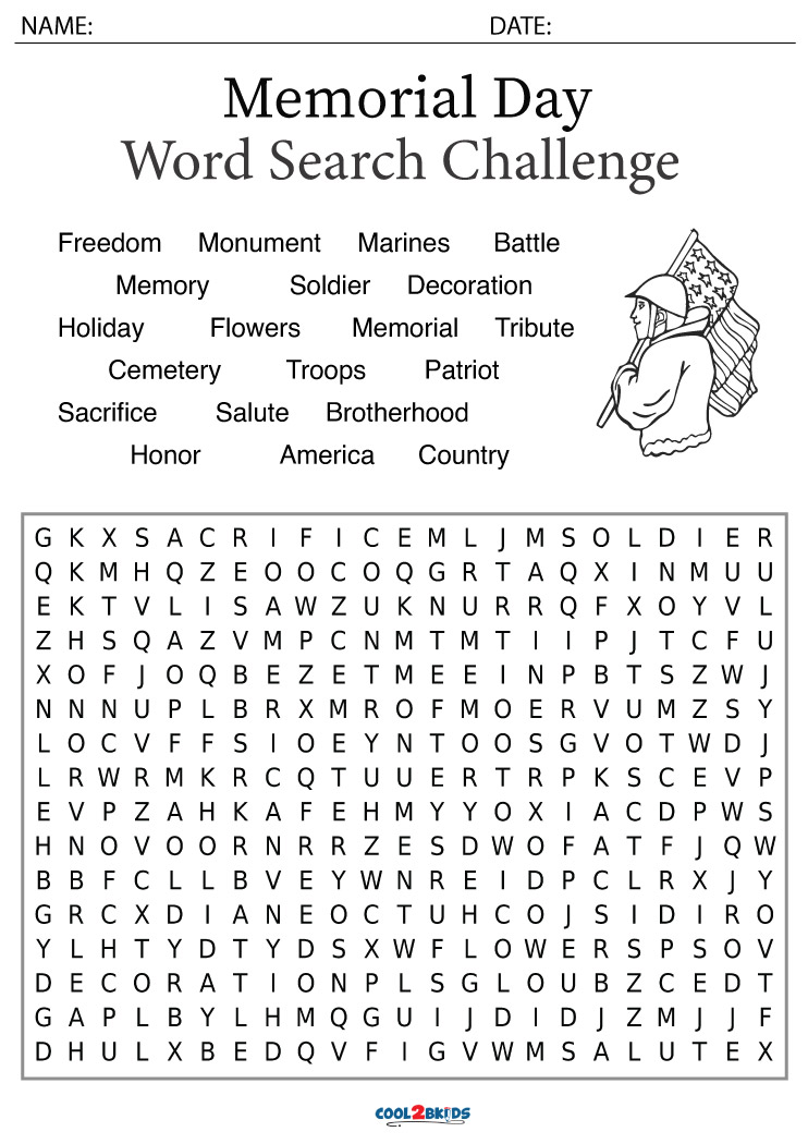 Printable Memorial Day Word Search - Cool2bKids
