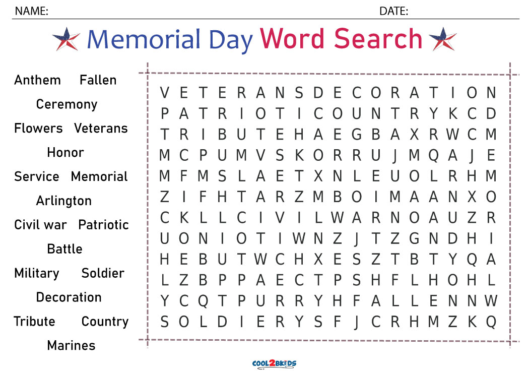 Printable Memorial Day Word Search - Cool2bKids