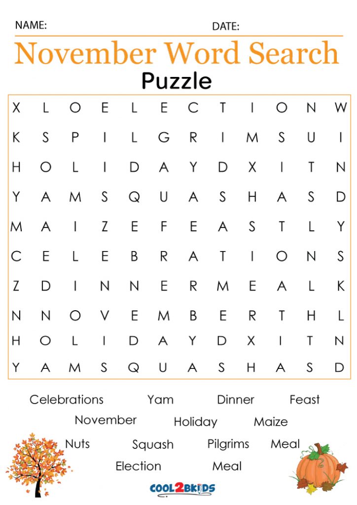 Printable November Word Search Cool2bKids