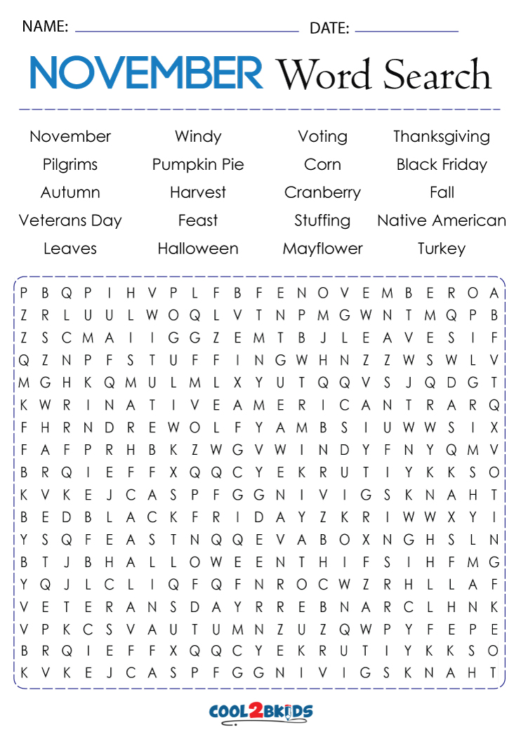 November Word Search Cool2bKids