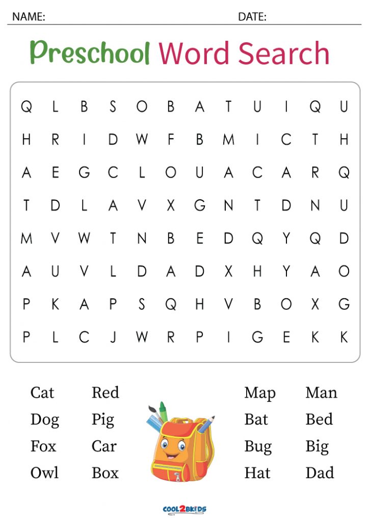 Kindergarten Word Search Puzzles Printable