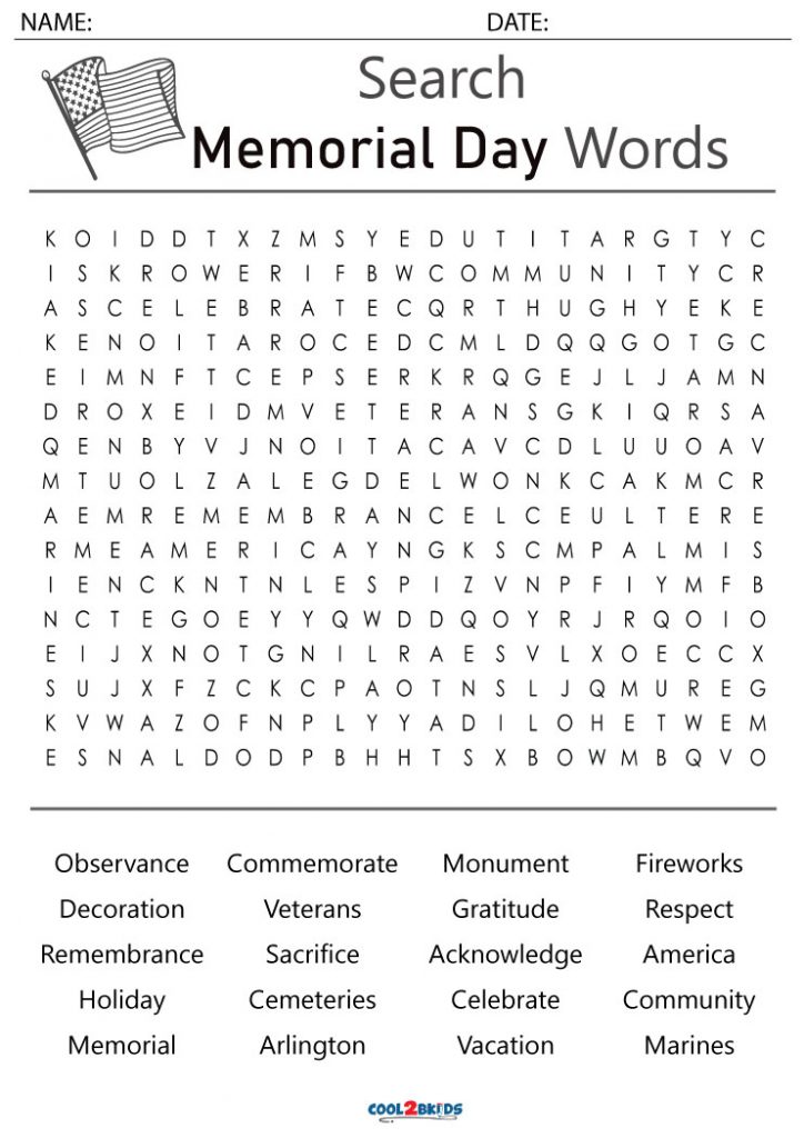 Printable Memorial Day Word Search - Cool2bKids