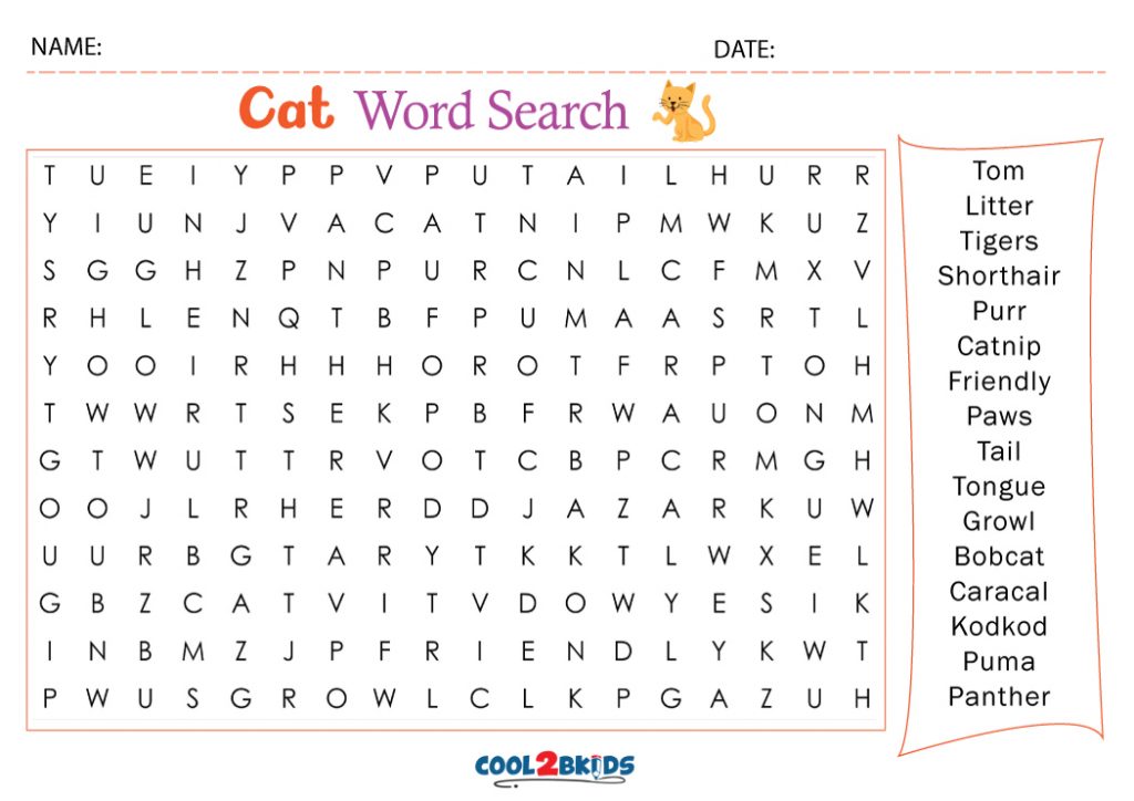 Printable Cat Word Search - Cool2bKids