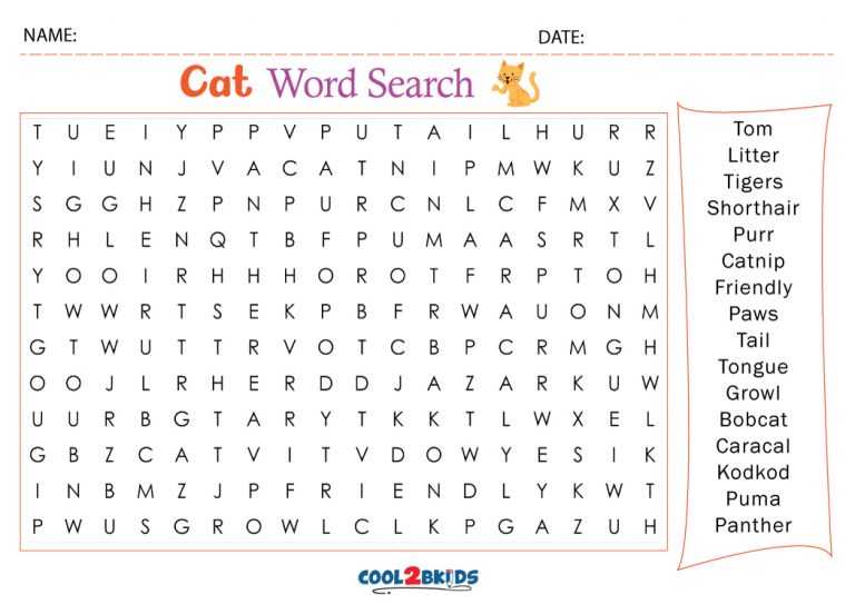 Printable Cat Word Search - Cool2bKids
