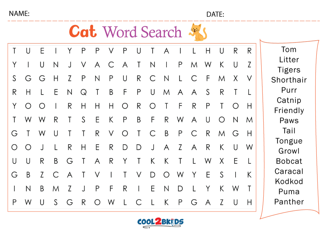 Printable Cat Word Search - Cool2bKids