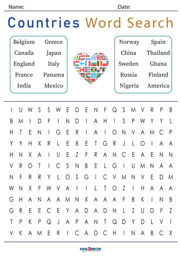Printable Countries Word Search - Cool2bKids