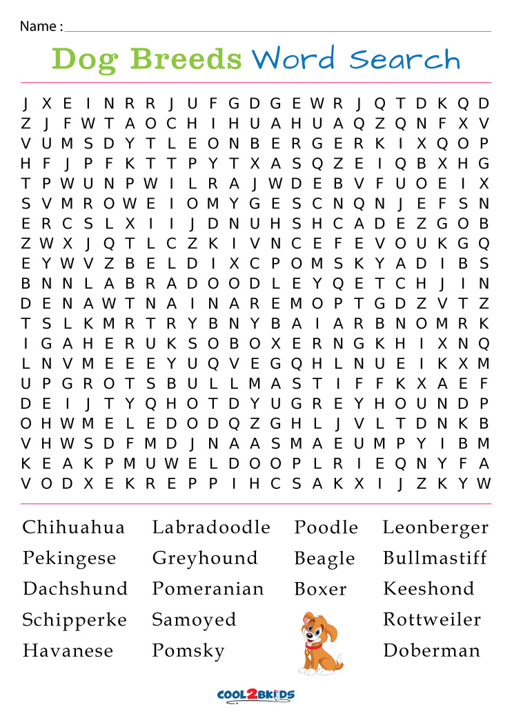 Printable Dog Breeds Word Search Cool2bKids