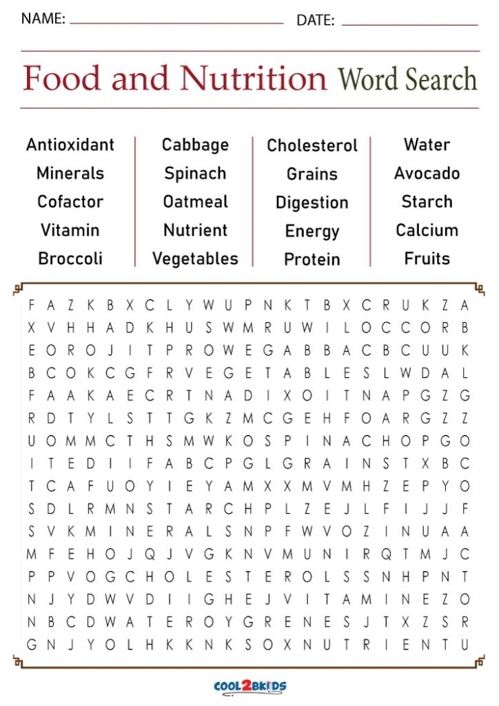 Printable Nutrition Word Search Cool2bKids
