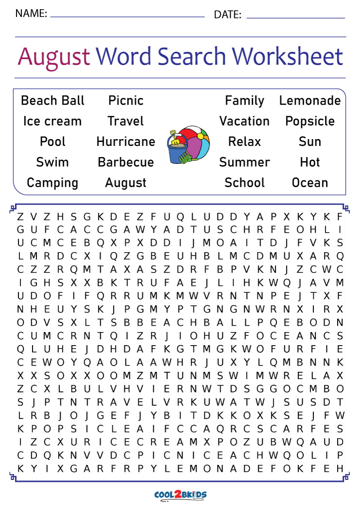 Printable August Word Search | Cool2bKids