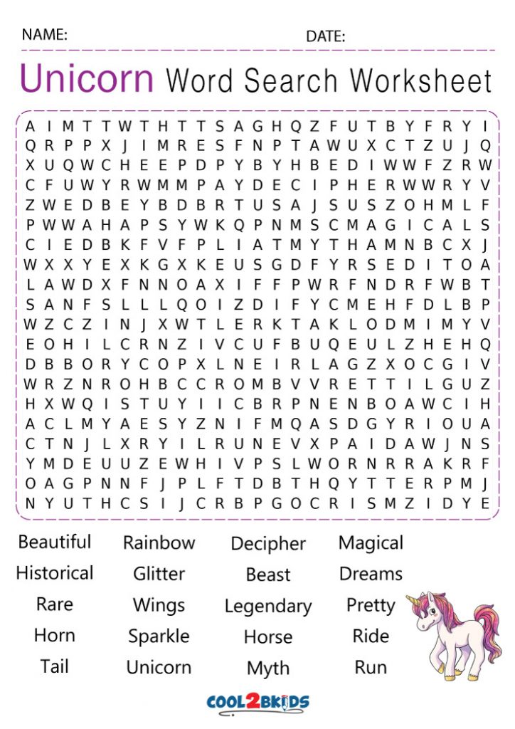Printable Unicorn Word Search - Cool2bKids