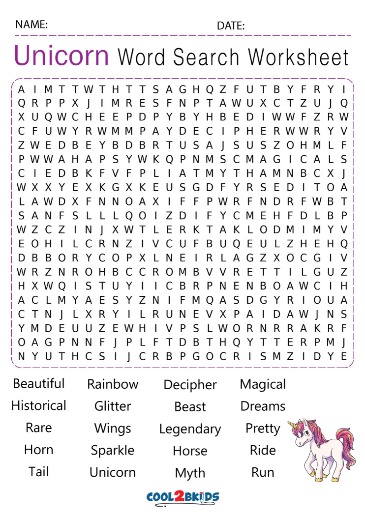 printable unicorn word search cool2bkids