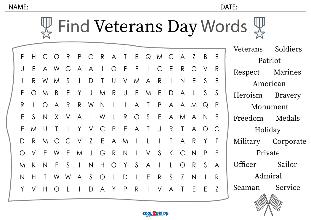 Veterans Day Word Search Cool2bKids