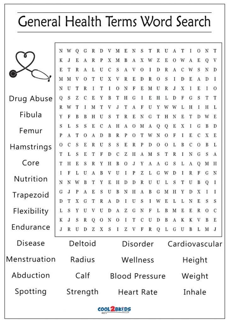 Printable Health Word Search - Cool2bKids