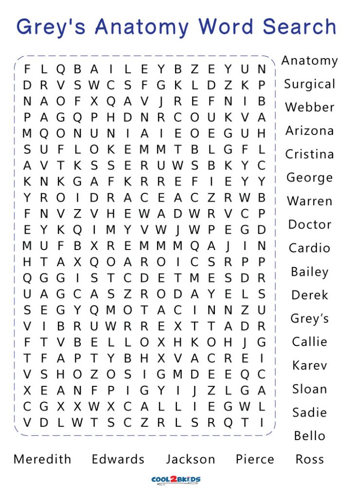 Printable Grey 39 s Anatomy Word Search - Greys Anatomy Word Search 724x1024