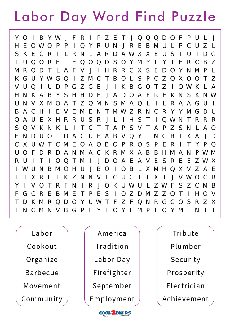 Printable Labor Day Word Search - Cool2bKids