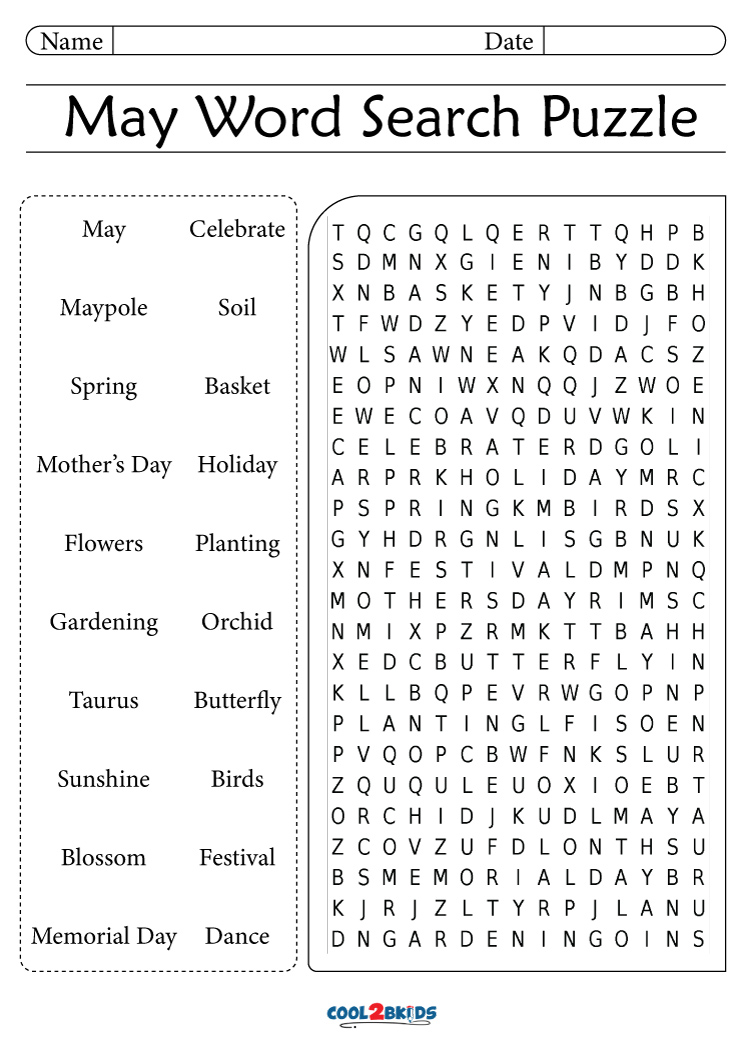 Printable May Word Search - Cool2bKids