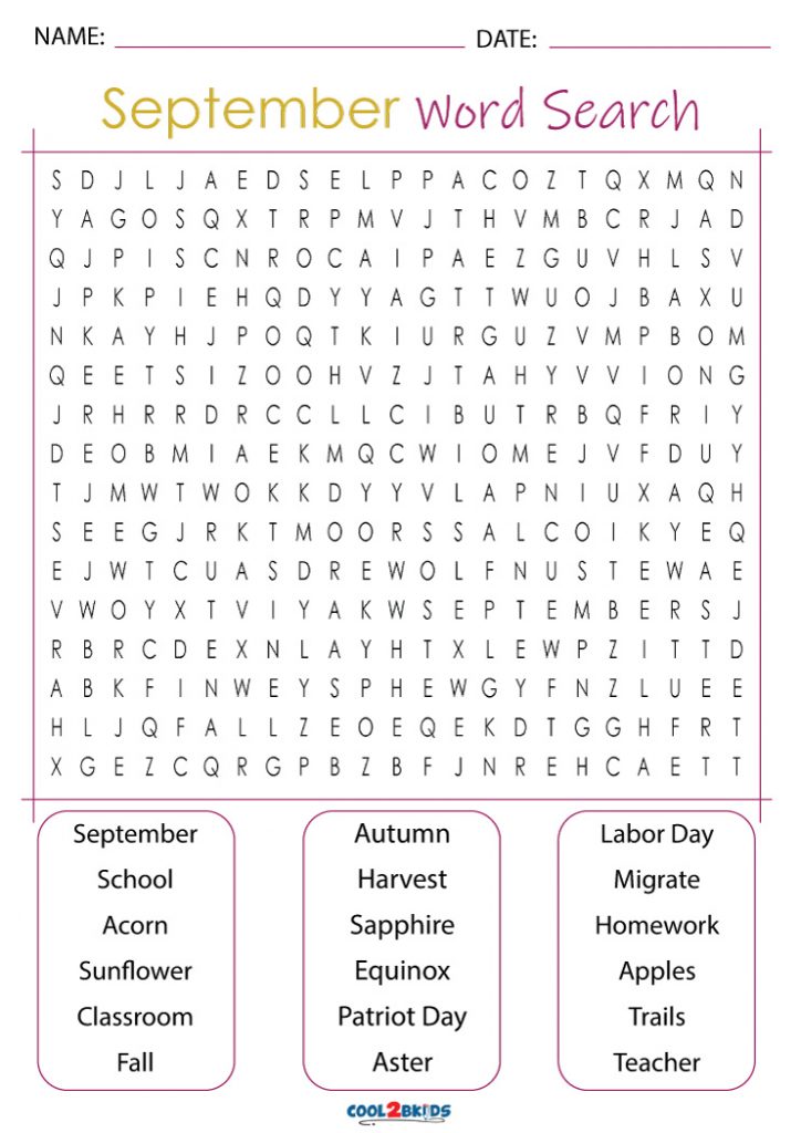 Printable September Word Search Cool2bKids