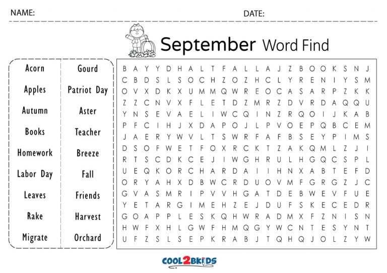 Printable September Word Search Cool2bKids