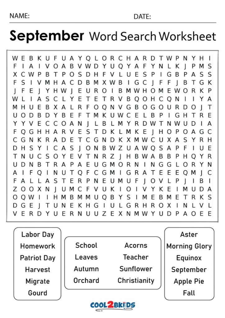 Printable September Word Search Cool2bKids