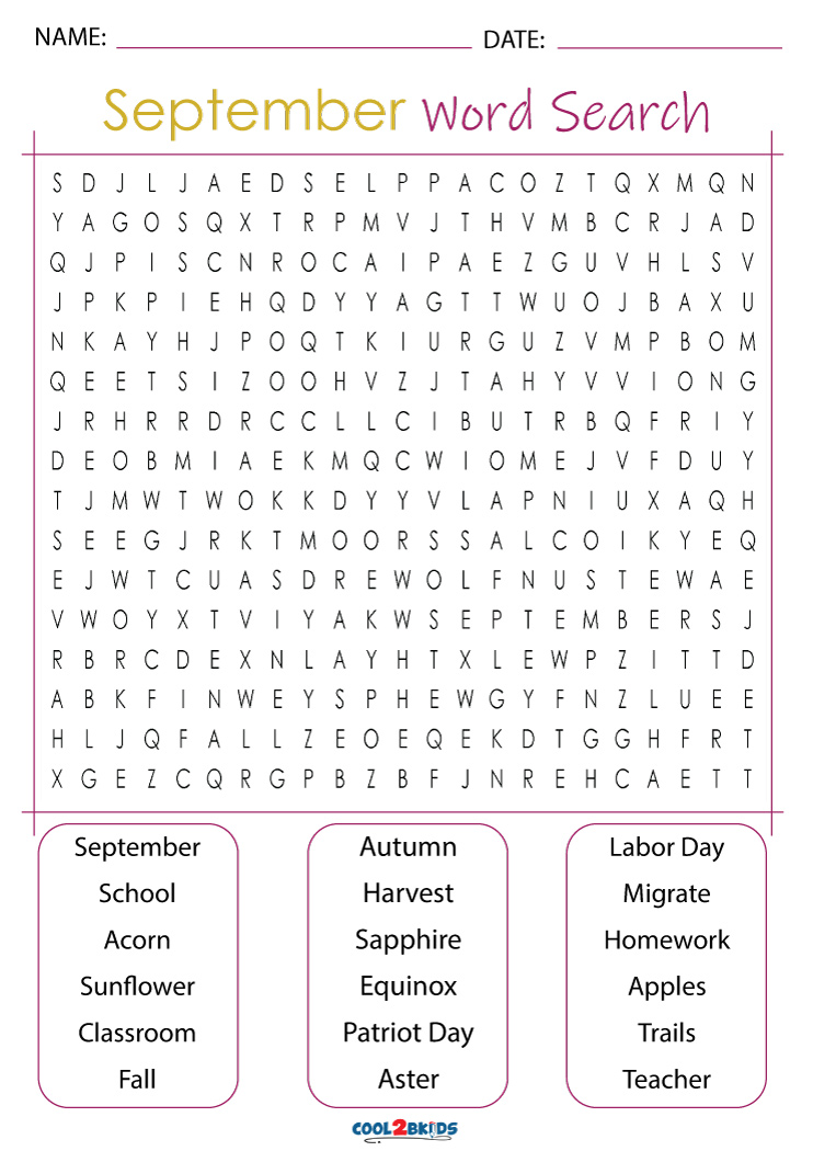 Printable September Word Search Cool2bKids