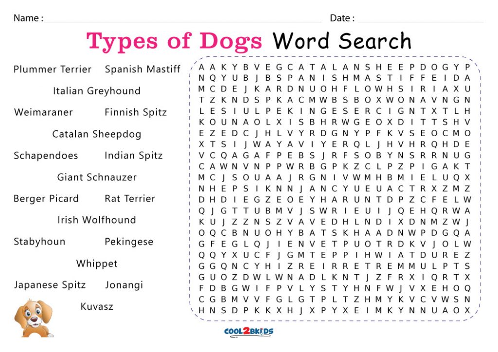 printable dog breeds word search cool2bkids