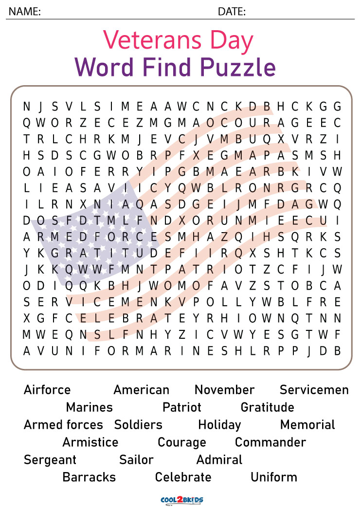 Printable Veterans Day Word Search Cool2bKids