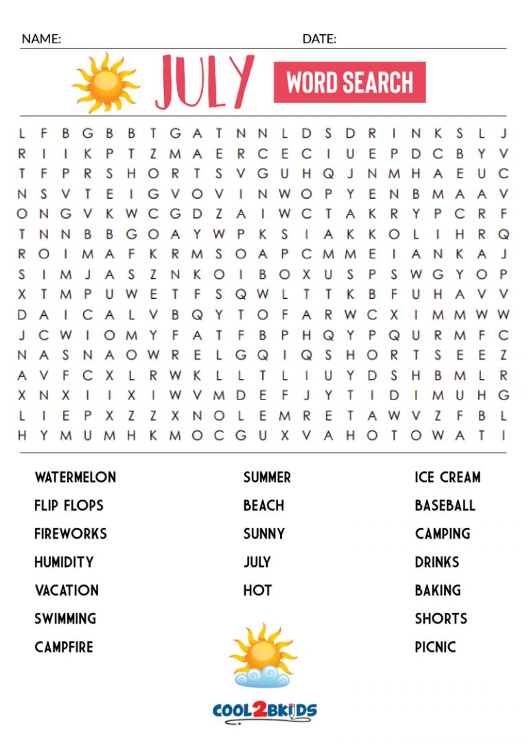 Printable July Word Search - Cool2bKids