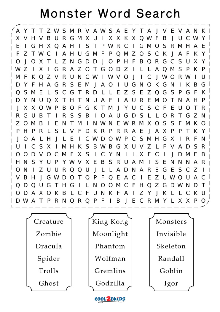 Printable Monster Word Search Cool2bkids