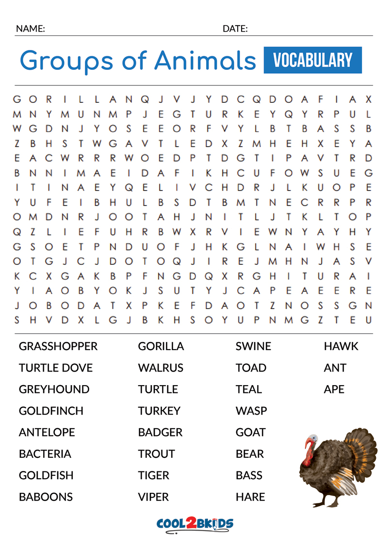Printable Groups of Animals Word Search - Cool2bKids