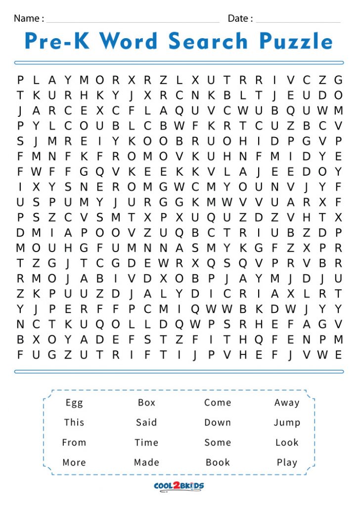 Pre K Word Search Free