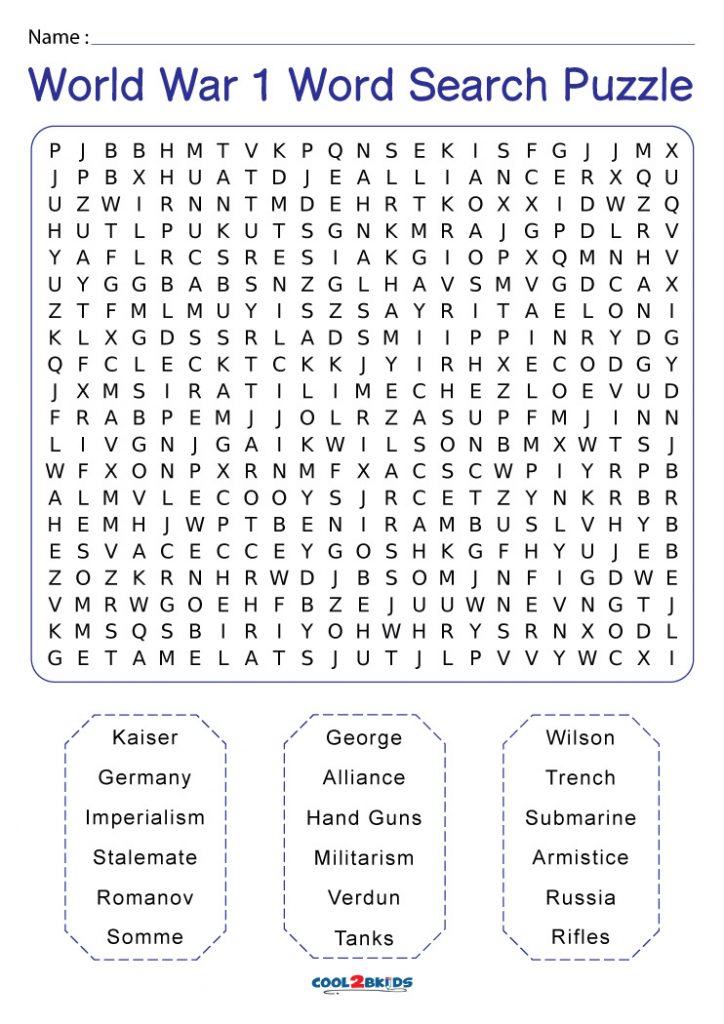 Word Search World War 1 Printable Version - Word Search Maker